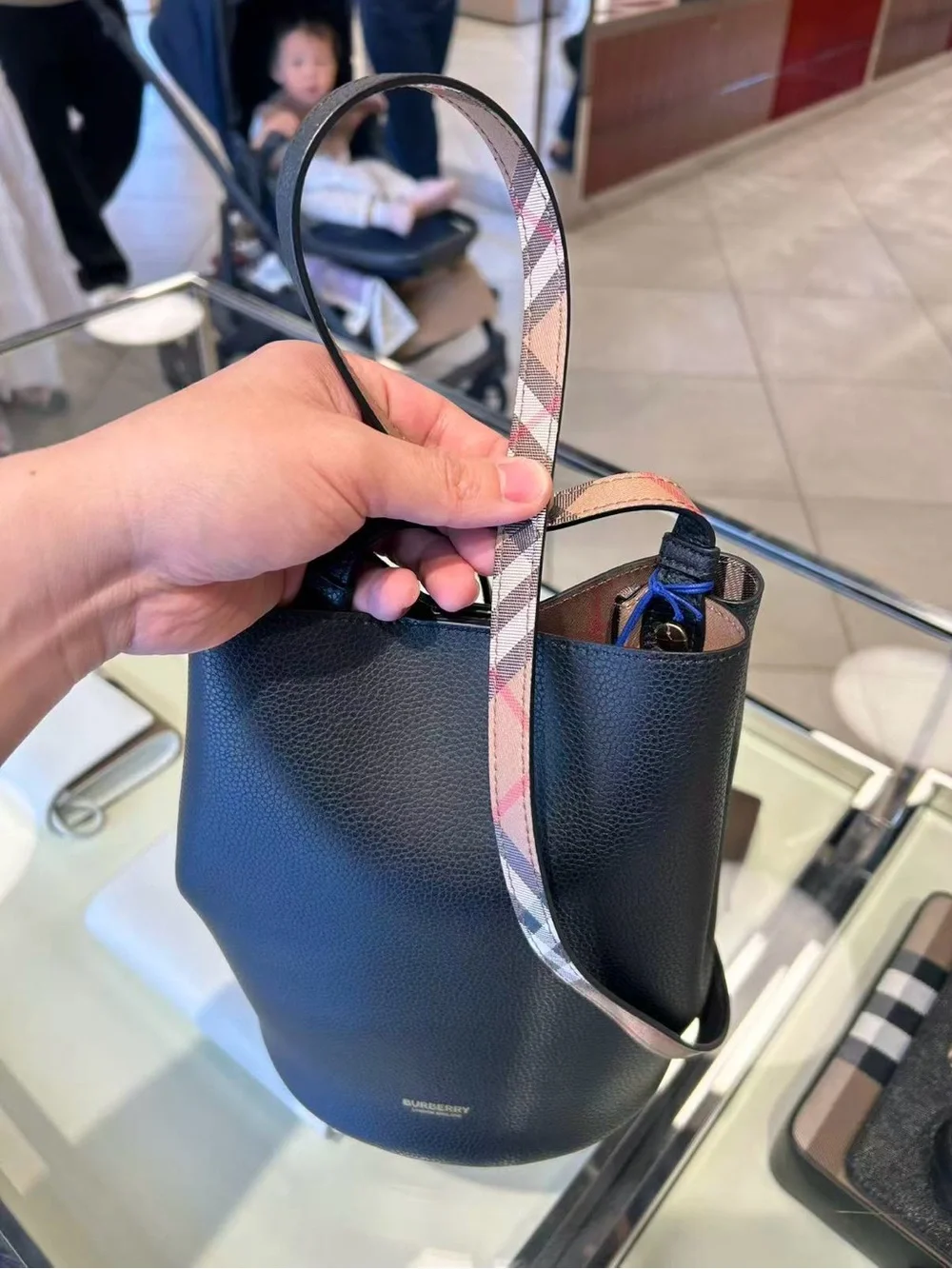 Burberry Black Leather Bucket Bag with Check Strap